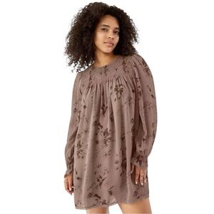 Aritzia Wilfred Eden Long Sleeve Dress Taupe Brown Floral Print Crepe Sz L